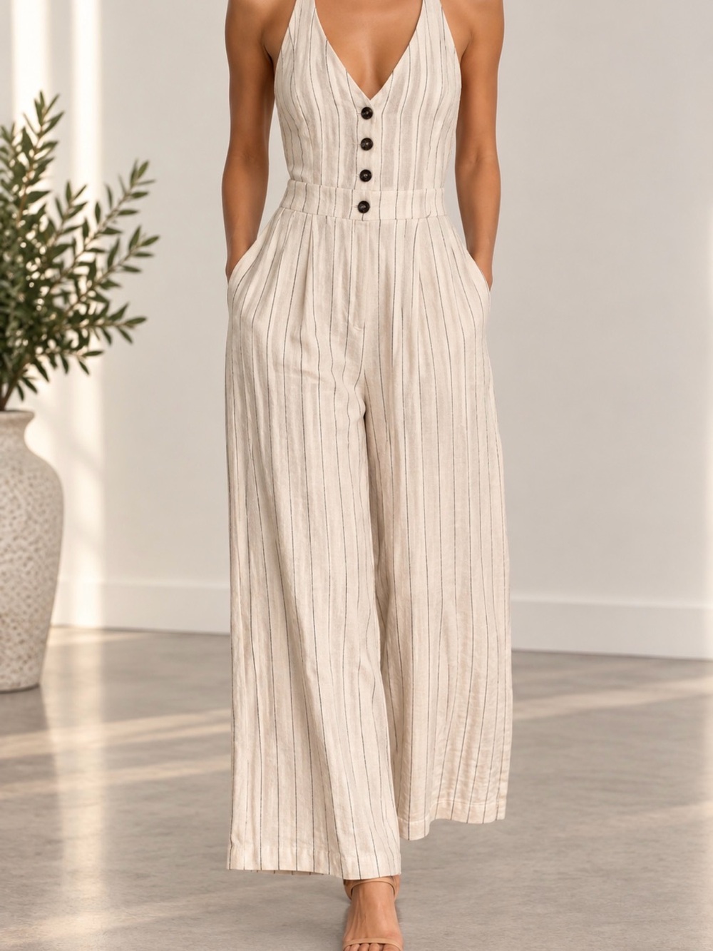 Monteau Beige Striped Halter Wide-Leg Jumpsuit